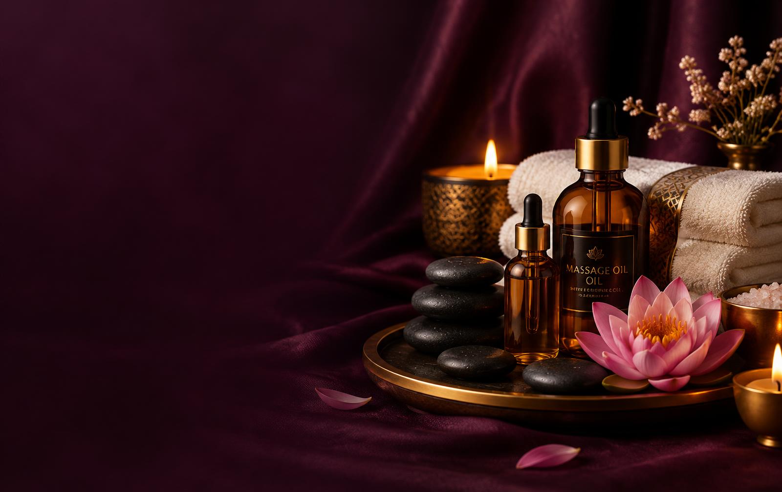 Spa still life with massage oils, hot stones, folded towels and a lotus flower